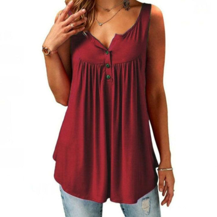 Solid Color Gathered Sleeveless Women's Casual T-Shirt Mid Length Button Vest