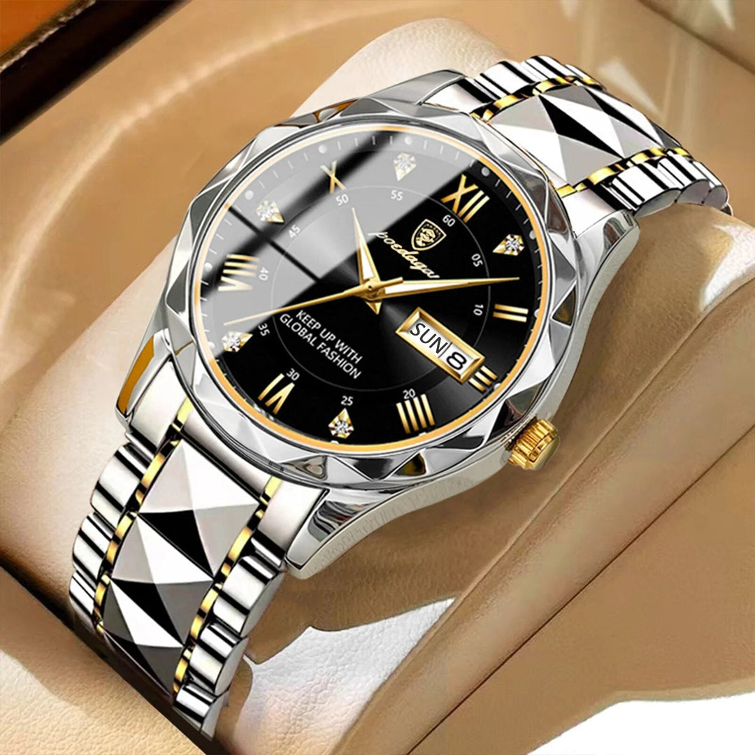 Luxury Stainless Steel Quartz Men's Watch with Luminous Date Week Display