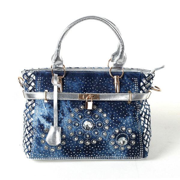 Female Inlaid Glass Rhinestone Small Buckle Lock Denim Single Shoulder Messenger Bag - MRSLM