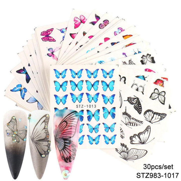 30 Pcs Nail Art Stickers Retro Watercolor Big Butterfly Water Transfer Stickers