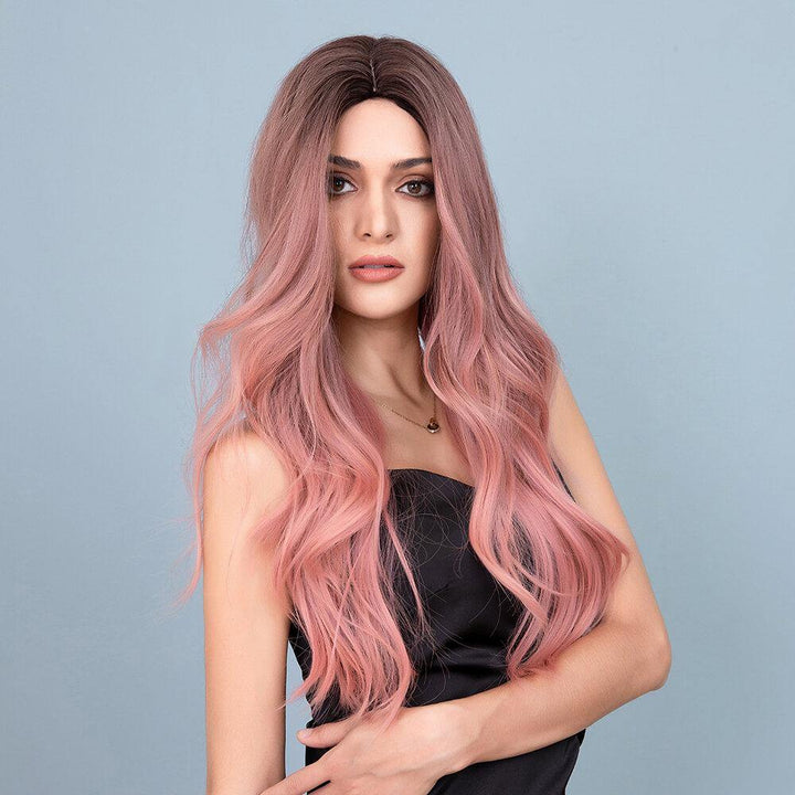 28 Inch Brown Gradient Pink Long Curly Hair Soft High Temperature Fiber Full Head Cover Wig