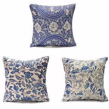 45x45cm Vintage Oriental Retro Blue Floral Linen Pillow Case Cushion Cover Home Decor - MRSLM