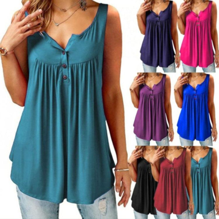 Solid Color Gathered Sleeveless Women's Casual T-Shirt Mid Length Button Vest