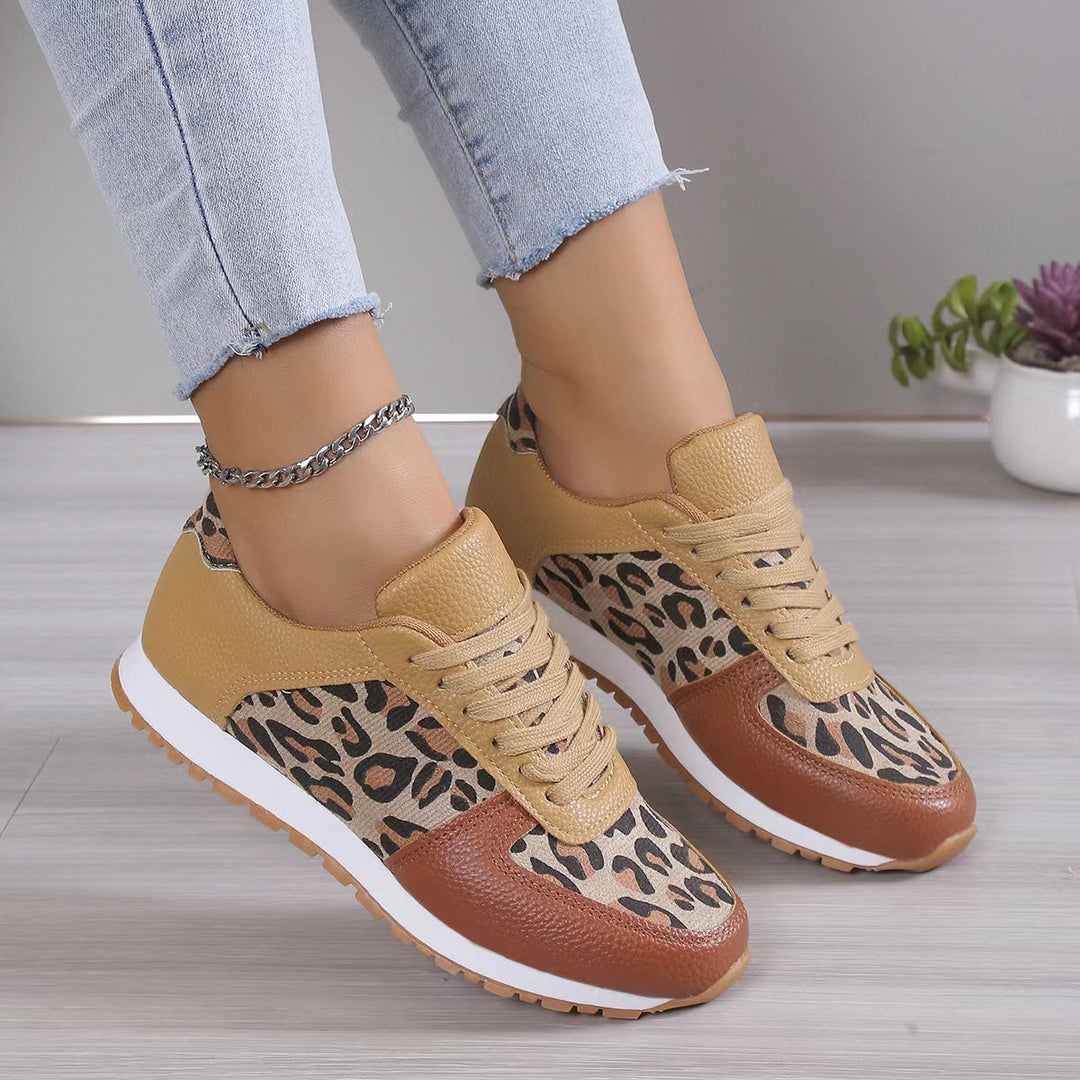 Fashoin Leopard Print Lace-up Sports Shoes For Women Sneakers Casual Running Walking Flat Shoes