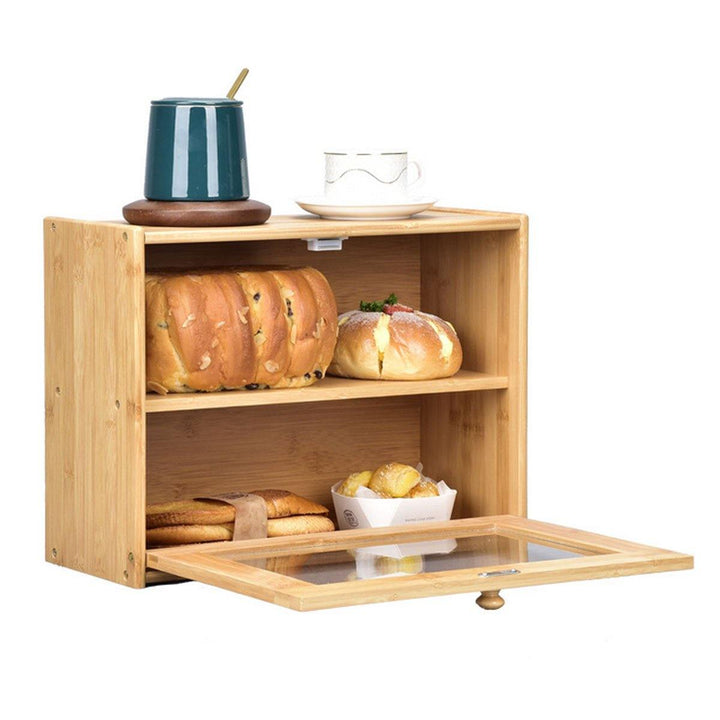 2 Tier Kitchen Wooden Bamboo Bread Bin Storage Crock Canister Large Bread Food Bins Cabinet