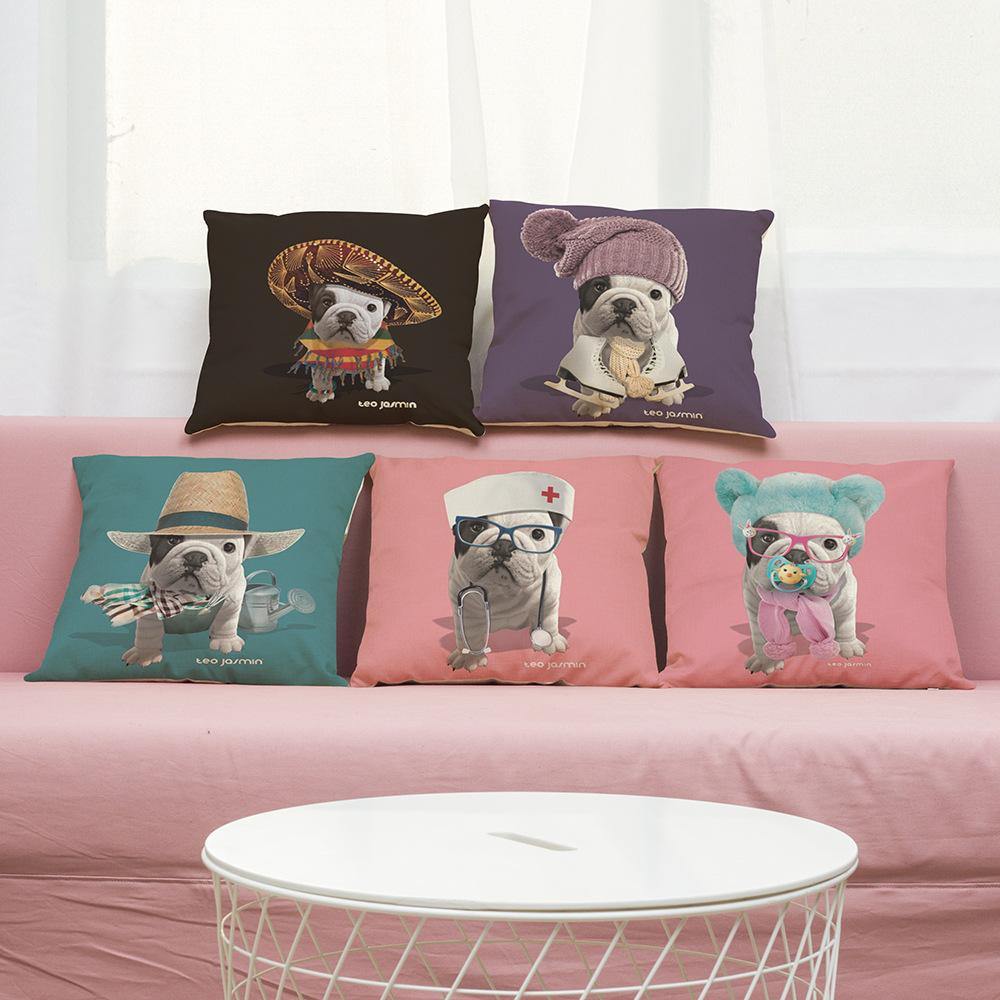 45 x 45 cm French Bulldog Printed Pillowcase Cotton Linen Sofa House Decoration Cushion Cover Pillow Case