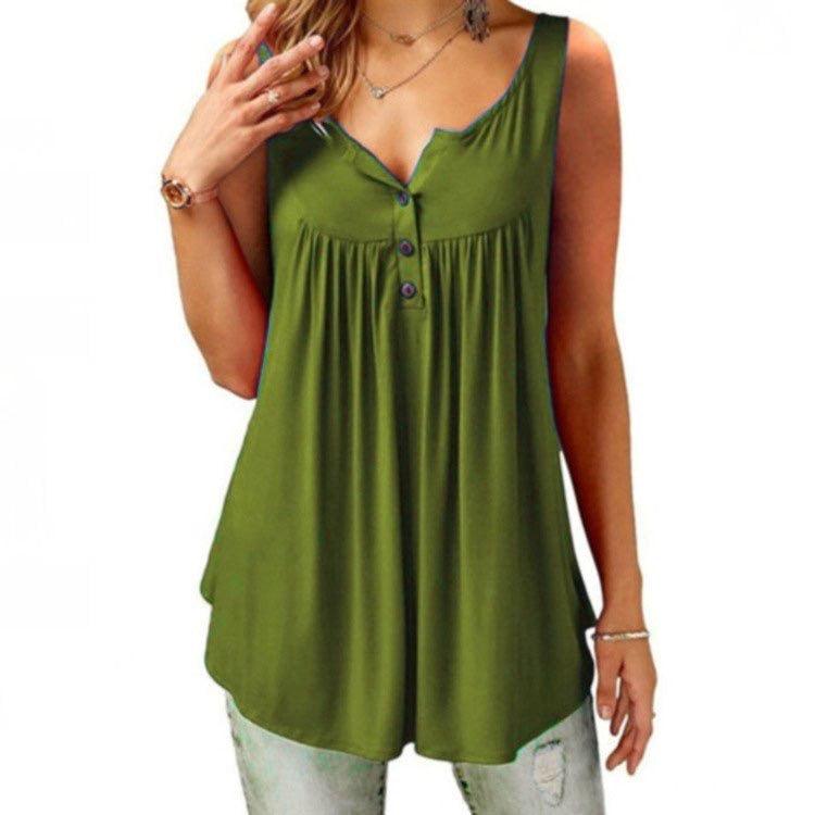 Solid Color Gathered Sleeveless Women's Casual T-Shirt Mid Length Button Vest