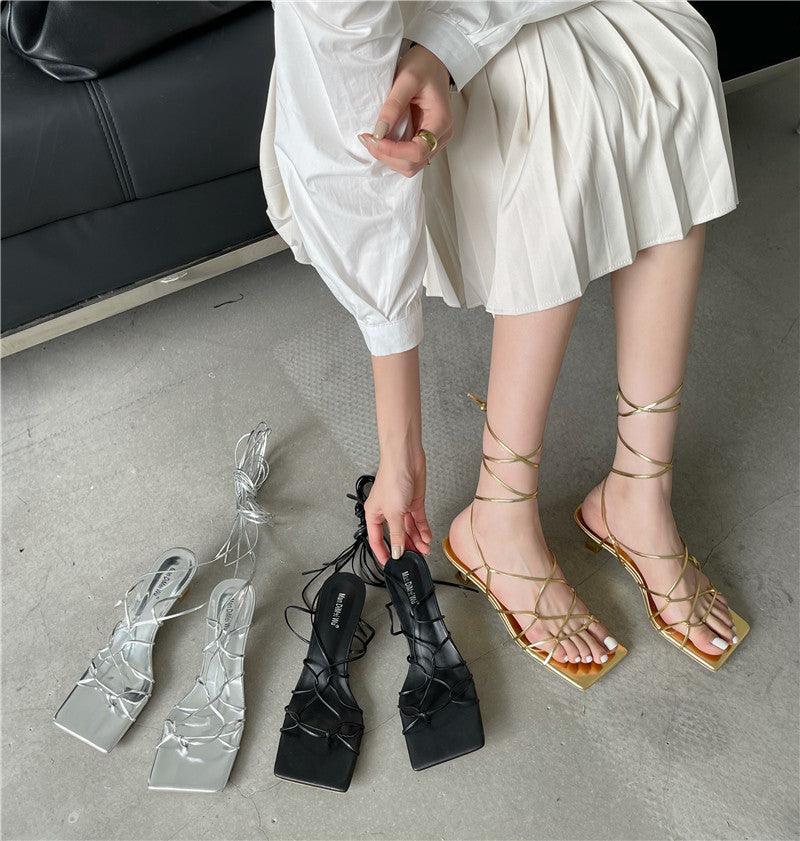 Square Toe Woven Lace-up Back Sandals