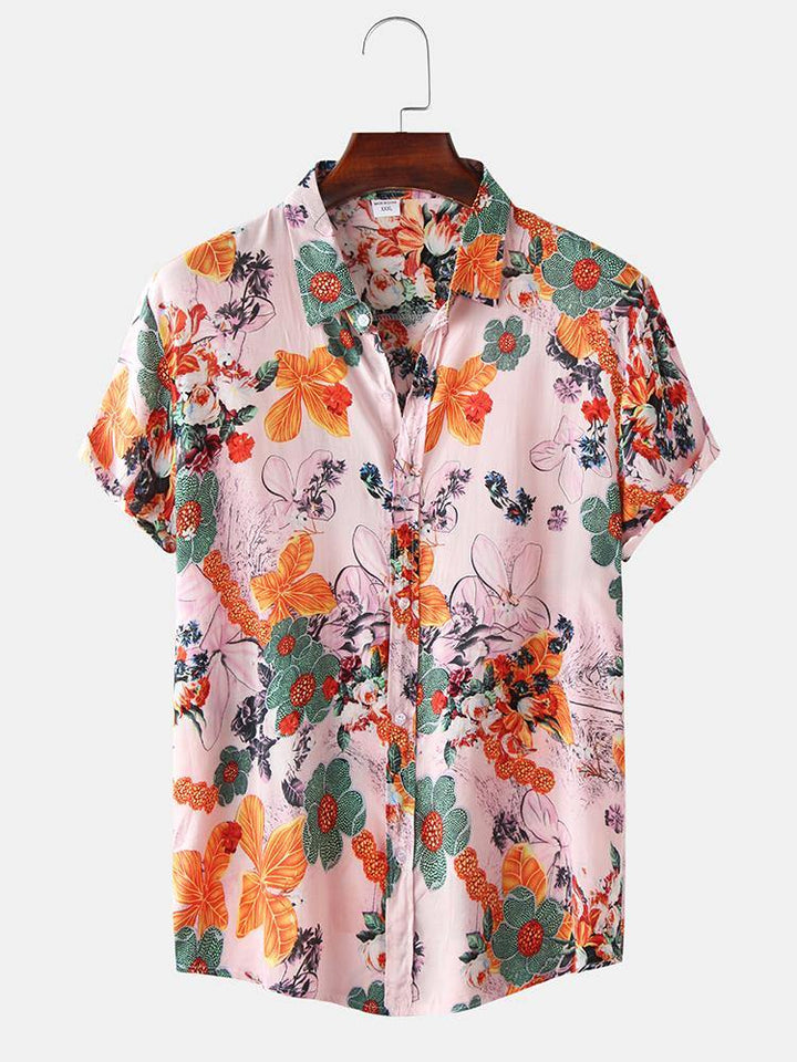 Mens Cotton Floral Oil Printing Turn Down Collar Short Sleeve Shirts