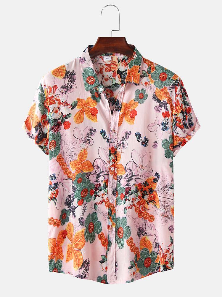 Mens Cotton Floral Oil Printing Turn Down Collar Short Sleeve Shirts - MRSLM