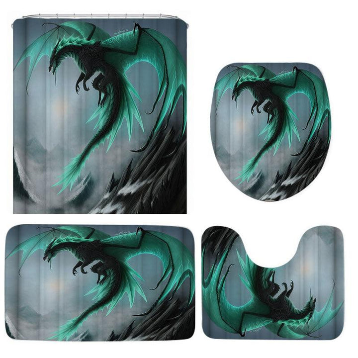 4PCS Flying Dragon Waterproof Bathroom Shower Curtain Toilet Cover Bath Mat Non-Slip Rug Set with 12 Hooks