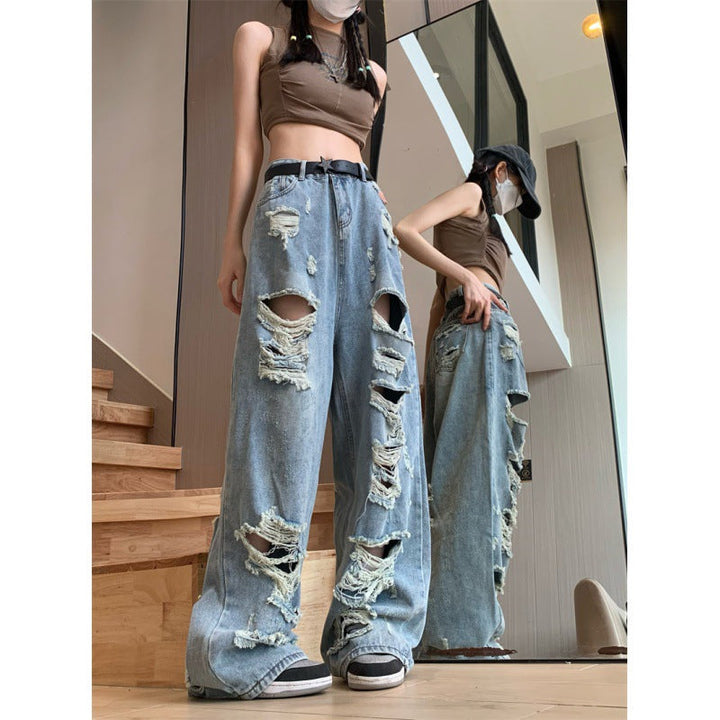 Large Size High Street Wide Leg Beggar Ripped Jeans Women's Retro