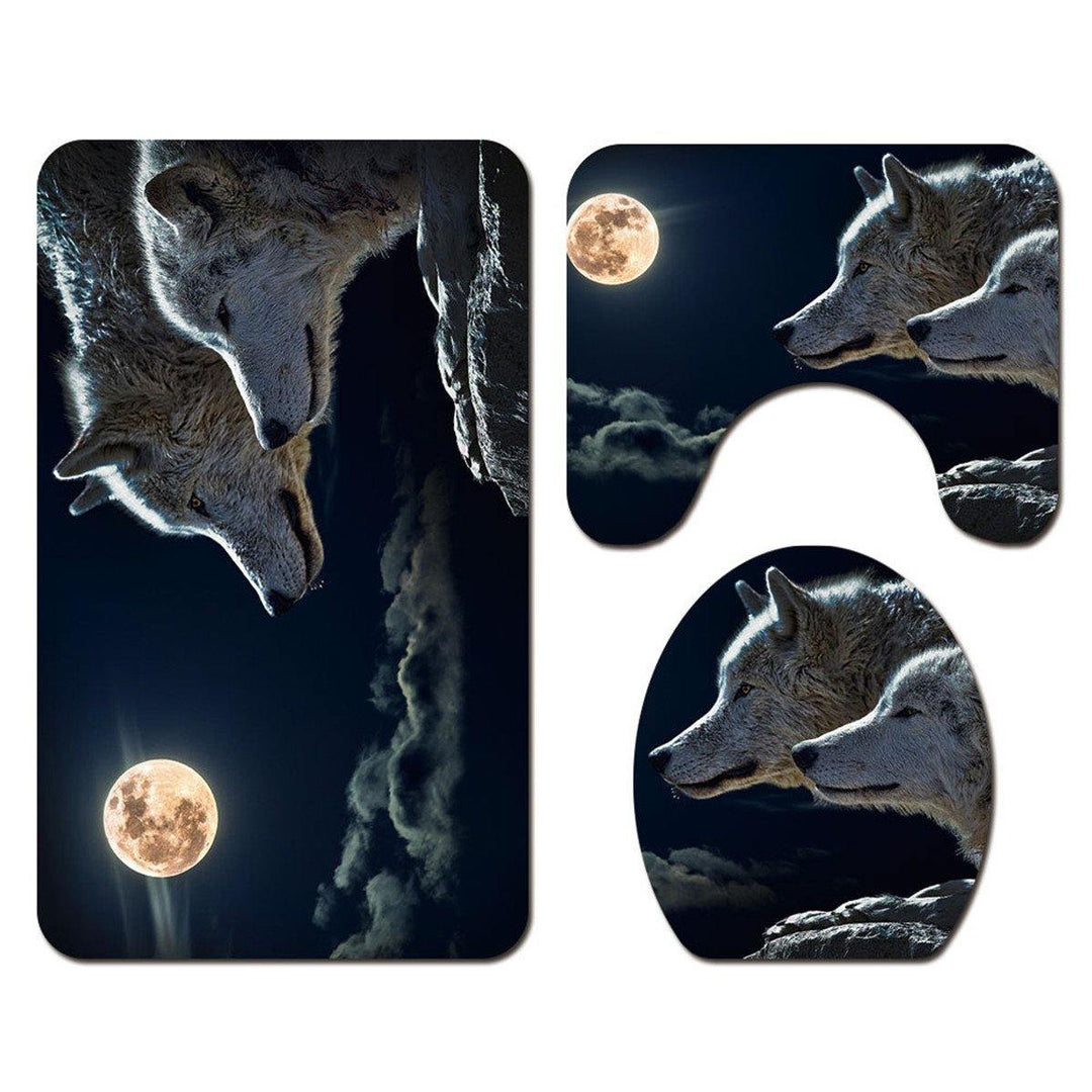 4 Pcs Wolf Bathroom Bath Mat Set Rugs Toilet Lid Cover Shower Curtain Waterproof