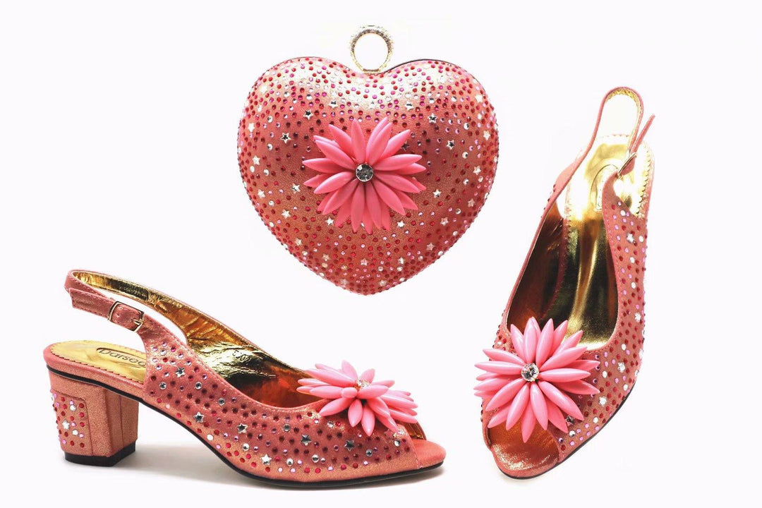 Large Size Women's Shoes Short Heel Fish Mouth Sandals With Heart-shaped Diamond Bag