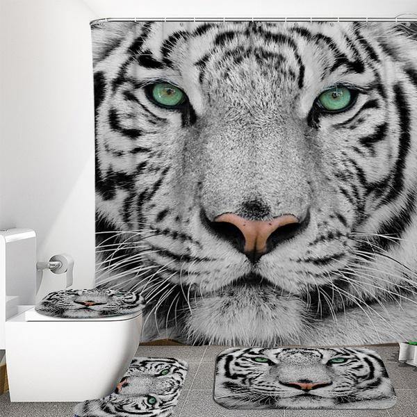 4PCS White Tiger Animal Style Shower Curtain Bathroom Carpet Rug Toilet Cover Mats Decoration