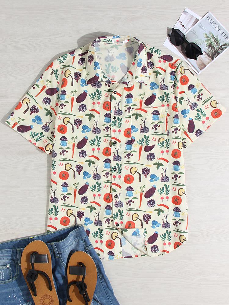 Mens Fashion Casual Vegetables Cartoon Print Turn Down Collar Short Sleeve Shirts