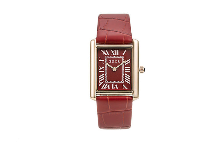 Quartz Watch Rectangular Leather With Retro Roman Index