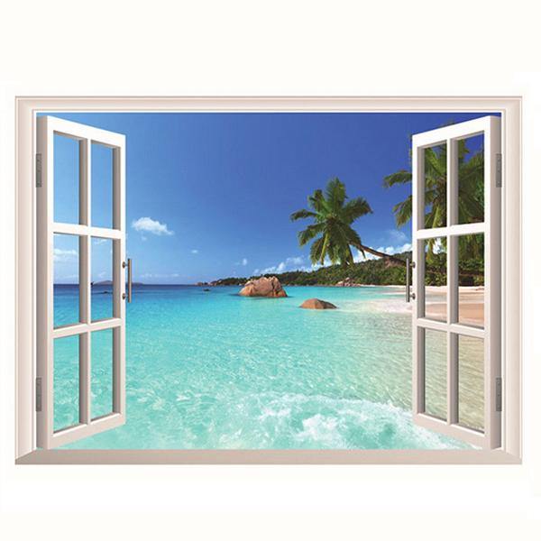 3D Hawaii Holiday Sea View Beach Window View Decal Wall Sticker - MRSLM